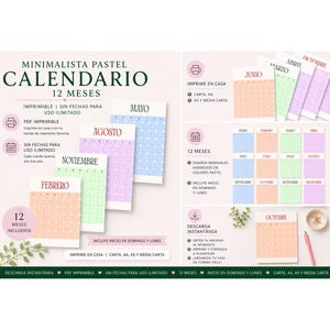 May include: A pastel-colored printable calendar with a minimalist design. The calendar includes 12 months, with no specific dates, and is available for instant download. The design includes the months of May, August, November, February, and June.
