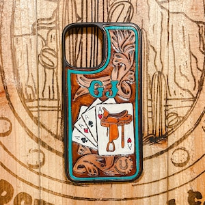 Saddle Playing Cards Custom Tooled Leather Phone Case | Western Phone Case