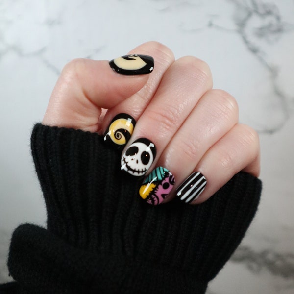 Nightmare Before Christmas Inspired | Halloween | Acrylic Glue On Nails | Set of Ten