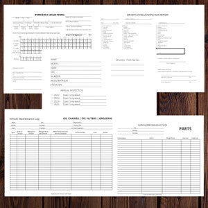Könnte beinhalten: Ein druckbares Logbuch für Fahrer, um die täglichen Fahrzeiten, die Fahrzeugwartung und die Teile zu verfolgen. Das Logbuch enthält Abschnitte für Fahrzeugdaten, jährliche Inspektionsdaten, Ölwechsel- und Filteraufzeichnungen sowie ein Teileinventar.