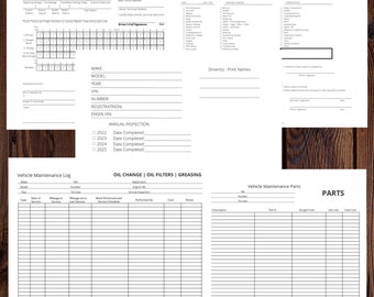 May include: A printable log book for drivers to track daily driving hours, vehicle maintenance, and parts. The log includes sections for vehicle information, annual inspection dates, oil change and filter records, and a parts inventory.