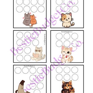 Könnte beinhalten: Ein Set aus sechs quadratischen, druckbaren Budget-Tracker-Blättern mit Katzenillustrationen und leeren Kreisen zur Fortschrittsmarkierung. Jedes Quadrat enthält den Text BestieBudgetCo und zeigt verschiedene Katzen, darunter Paare und Kätzchen.