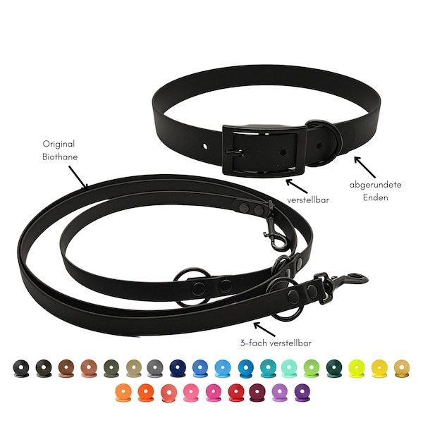 Biothane Halsband Set | Riem 19 mm | Halsband 25 mm | Hondenriem | Zwart | Alle zwarte en meer kleuren