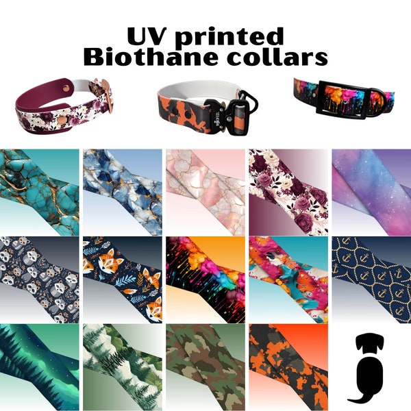 UV bedrucktes Biothane Halsband | Halsband mit Designs Marble Rosen Wald Berge Füchse Waschbären Camo Galaxy Maritim