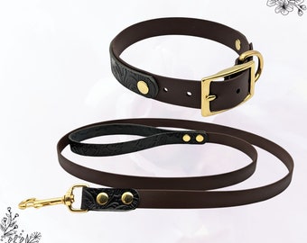 Floral Black Halsband-Leinen-Set aus Biothane Leder Mix | Führleine 19mm | Halsband 25mm | Leder Schwarz & Biothane Braun