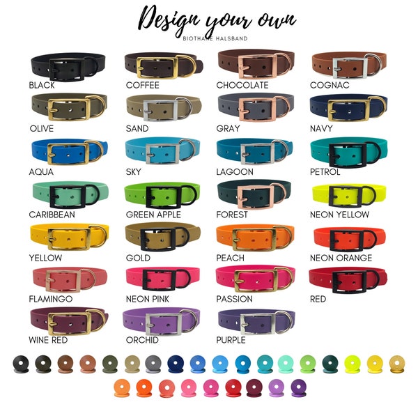 Biothane Hundehalsband | breite 19mm + 25mm | 36 Farben | Beschläge in silber, schwarz, gun, rossgold und Messing. Personalsierbar mit Namen