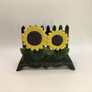 Soporte estacionario de letras con temática campestre de girasol de hierro fundido pintado a mano vintage francés / estante para cartas / soporte para servilletas.
