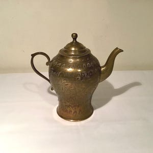 Beautiful Indian vintage brass and metal etched floral teapot / coffee pot.