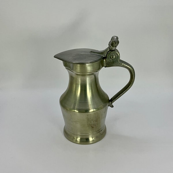 French vintage hand made silver pewter / etain jug with hinged lid and 2 acorns as a lid lever.