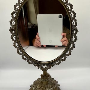 Stunning French vintage ornate free standing brass mirror for a dressing table / vanity unit / chest of drawers / make up mirror.