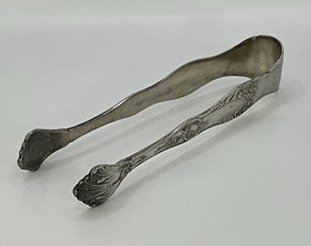 French art nouveau vintage silver metal cocktail tongs for serving sugar cube, small cubes of ice, or olives.