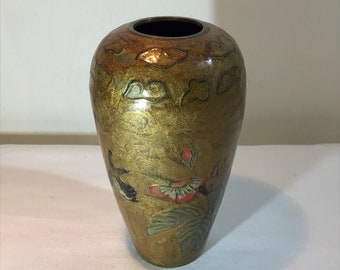 Stunning French vintage hand painted enamel on brass decorative vase.