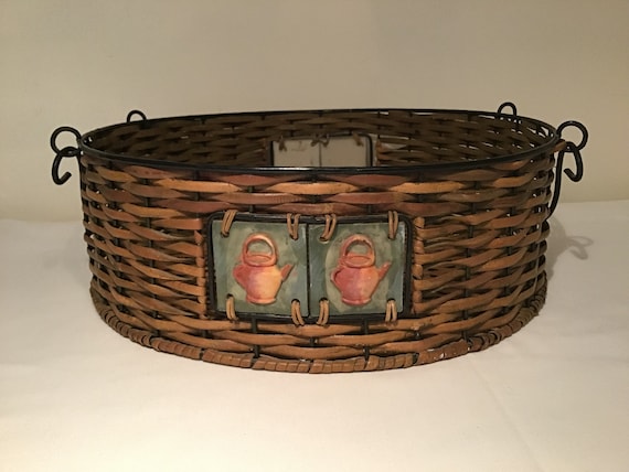 Grand Plateau De Service En Osier Vintage – Motif Imprimé