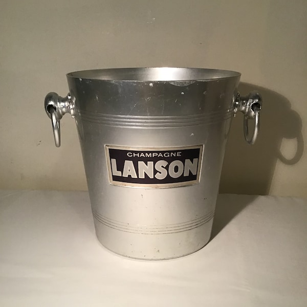 French vintage Lanson champagne bucket silver stainless steel with traditional round side handles.