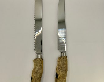 French vintage set of real deer hoof / foot carving knife and bread knife.