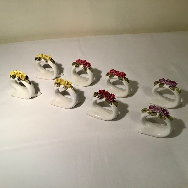 Beautiful French vintage set of 8 hand made and painted ceramic roses themed napkin / Serviette rings.