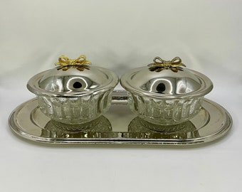 French vintage oval silver plated metal platter and dishes with lid's for serving condiments / hors-d’oeuvre dishes.