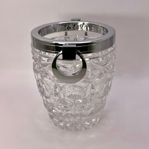 French vintage patterned glass ice cube bucket / cooler with chrome hooped handles, retro barware circa 1970s.