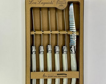 Brand new set of 6 Lou Laguiole steak knives from the tradition range with pearl coloured polypropylene handles.