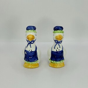 Par de saleros y pimenteros franceses vintage coleccionables, con forma de patos de granja ornamentales de cerámica pintados a mano.