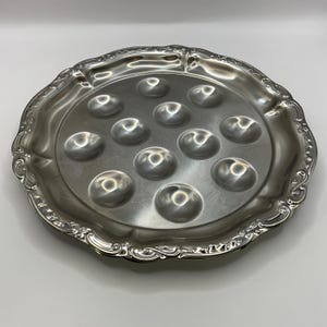 French vintage used ornate 1 stainless steel escargot / snail serving dish / hors-d’oeuvre tray.