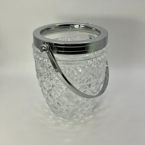 French vintage patterned glass ice cube bucket / cooler with chrome handle, retro barware circa 1970s.