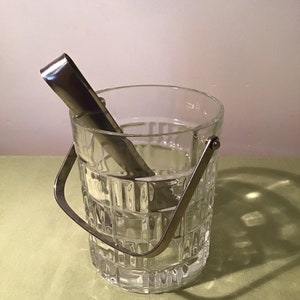 French vintage glass ice cube bucket / cooler with chrome handle and ice tongs, retro barware circa 1970s.