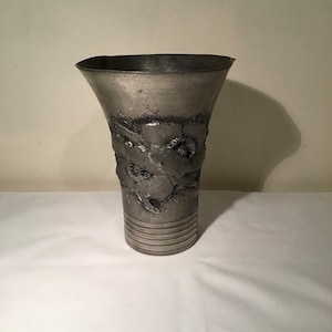 Stunning French vintage hand carved and made silver / pewter vase with carvings of flowers and wheat.