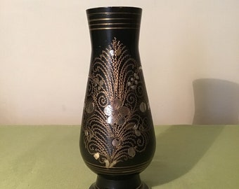 Indian vintage black and gold metal vase.