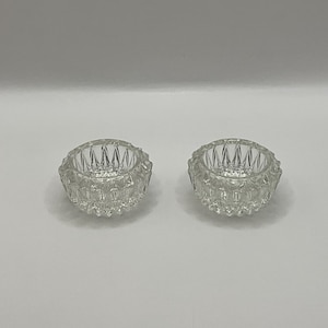 French vintage ornate glass pair of 2 candle holders. They are slightly tapered inside for slight different sizes inside.