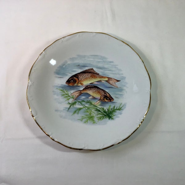 Piatto da pesce vintage francese da collezione realizzato da Porcelaine de Sologne Lamotte.