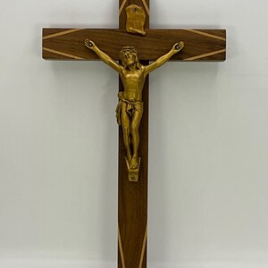 Beautiful French vintage metal and hardwood religious wall hanging crucifix cross / Religious Decor.