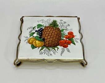 Posavasos salvamanteles de azulejos GIEN France vintage francés decorado con imágenes de frutas.