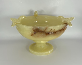 Stunning rare vintage alabaster bird bath bowl with various shades of cream, amber and reddy brown.