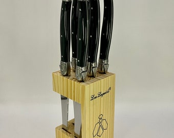 Brand new set of 6 Lou Laguiole steak knives from the tradition range in a wooden presentation block with black /  anthracite grey handles.