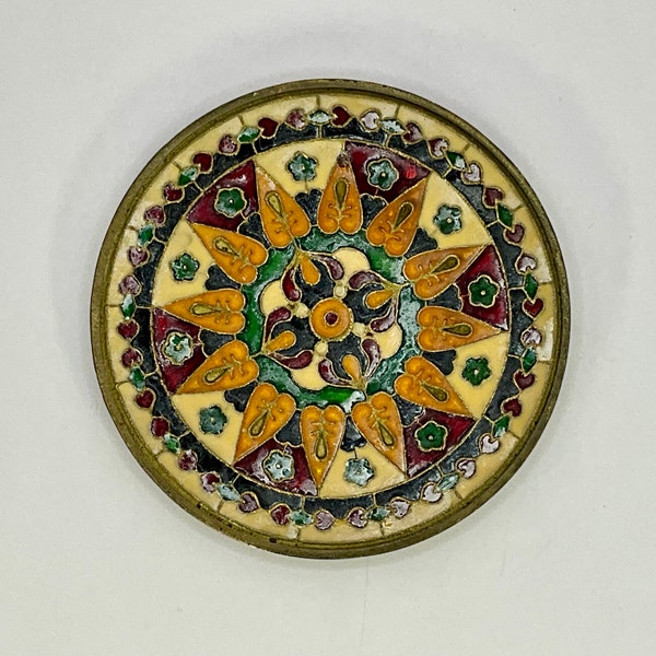 Stunning Greek vintage solid brass and enamel hand painted wall plate, it has a brass hoop on the back for fixing to a wall.