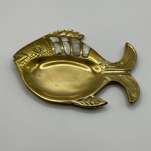 French vintage decorative brass and mother of pearl fish shaped trinket dish / ashtray / ornament.