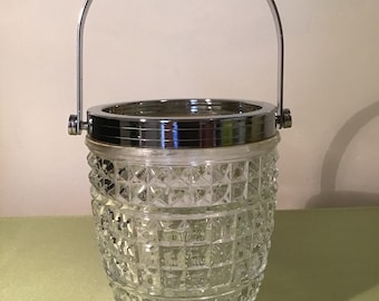 French vintage crystal glass ice cube bucket / cooler with chrome handle, retro barware circa 1970s.