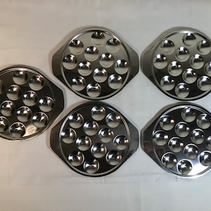 French vintage set of 5 stainless steel Escargot / snail serving dishes / hors-d’oeuvre trays.