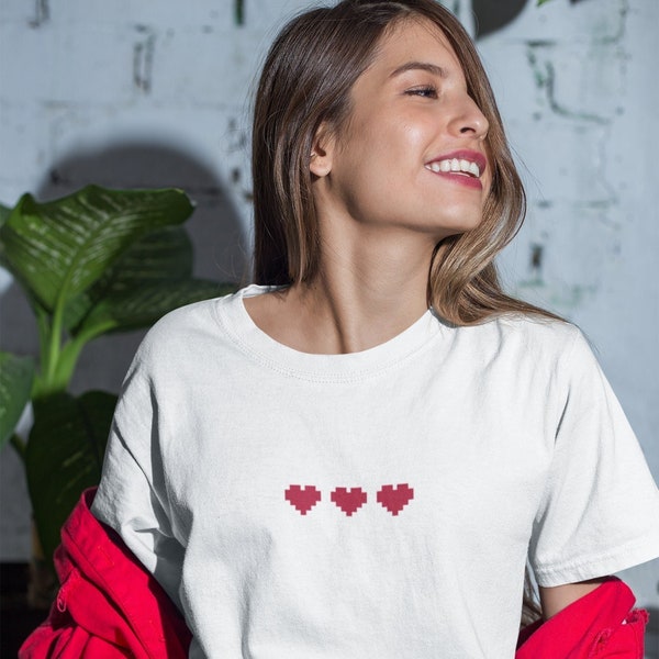 Hearts Pixel Shirt,Bio Baumwolle,Fairtrade,Trendshirt,Geschenk zum Valentinstag,Geschenk für Sie,Geschenk für Ihn,Geschenk für Nerd,Geek