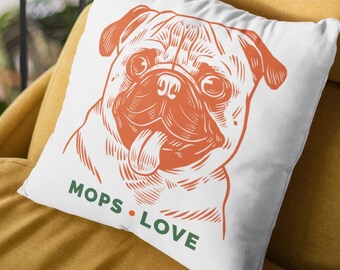 MOPS LOVE Hunde Kissenhülle/Kissen Weiß,Tierfreund,Mops Liebhaber,Geschenk für Hundebesitzer,Freunde,Familie,Deko Maße 40x40cm