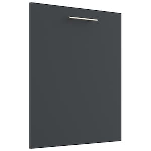 Könnte beinhalten: Eine dunkelgraue Schranktür mit einem Griff aus gebürstetem Nickel. Die Tür ist rechteckig und hat eine glatte, matte Oberfläche. Der Griff ist ein einfacher, horizontaler Stab.