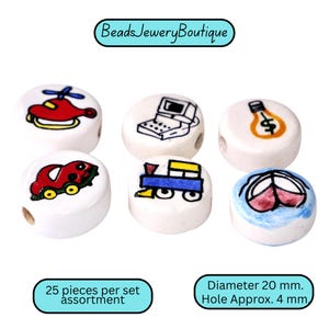 25pc Hand Painted Ceramic Beads with Transportation,money sign,computer Designs for DIY Jewelry Making, 20mm Round Craft Beads with 4mm Hole