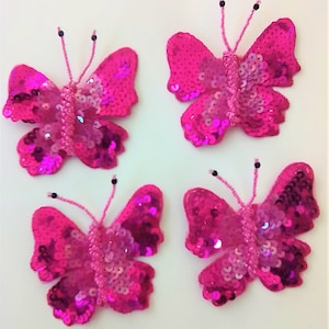 4 Pieces Handmade Beaded Sequin Butterfly Patches 2.5&quot; high by 2.25&quot; wide. Fuchsia