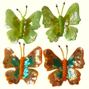 Set of 4 Sequin Butterfly Appliqués  2.5" Embroidered Butterfly Patches|Green & Peach Butterfly Embellishments,packs,Jackets,Hats DIY Crafts