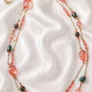 Cherry Quartz Long Necklace, Double Strand Gold Necklace, Salmon Pink Gemstone Necklace, Peacock Pearl Jewelry, Boho Chic Statement Necklace