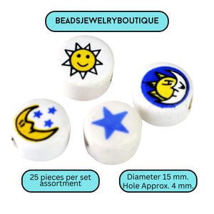 May include: White ceramic beads with celestial designs: a smiling sun, a crescent moon with stars, a blue star, and a sun-moon combination. The beads are approximately 15 mm in diameter with a 4 mm hole. The text "BEADSJEWELRYBOUTIQUE" is at the top.
