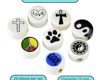 Symbolic Ceramic Beads: Peace, Love, Yin Yang - 25 Piece Set, 15 mm. diameter