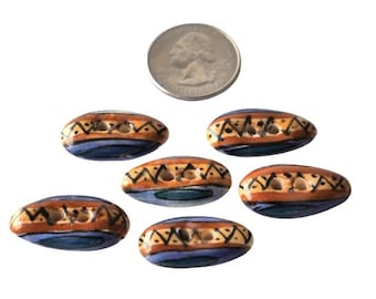 Hand-Painted Ceramic Buttons: Blue & Brown, Large Hole - Set of 25
