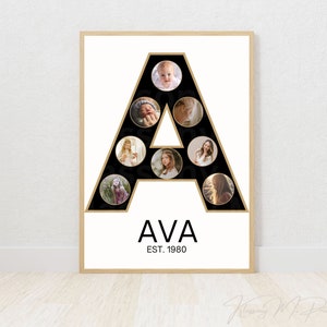 Impresión fotográfica personalizada, collage de fotos personalizado con cualquier nombre de letra, regalo fotográfico de recuerdos de cumpleaños, est. imprimible. Año de nacimiento decoración de pared digital